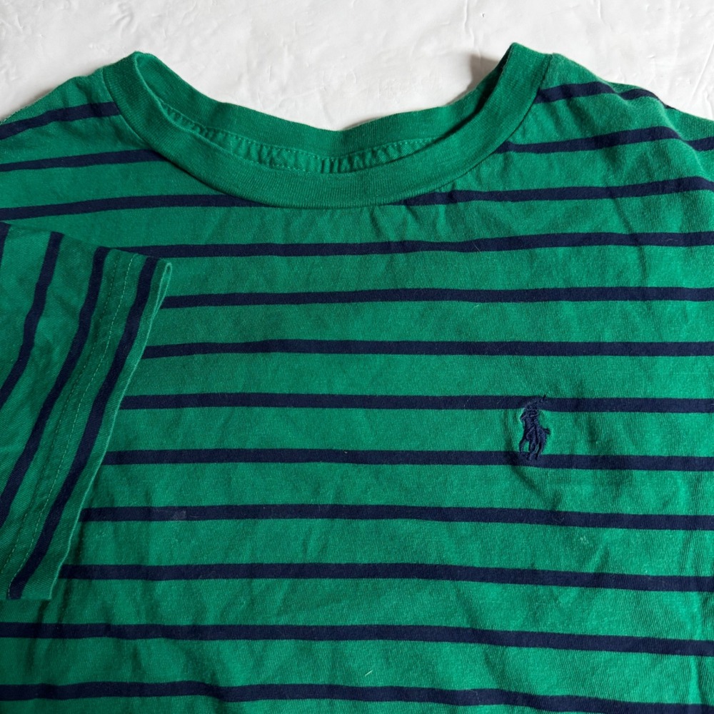 Polo Ralph Lauren Kids Boys Green Navy Blue Striped T-Shirt Size M 10-12 Cotton